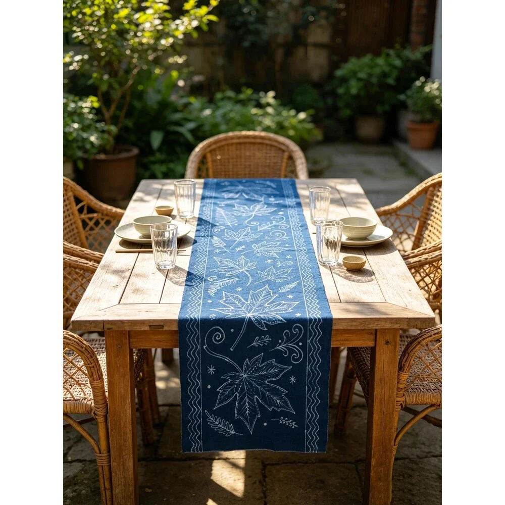 Handmade Indigo Batik Maple Leaf Table Runner, Natural Indigo Cotton Tea Mat
